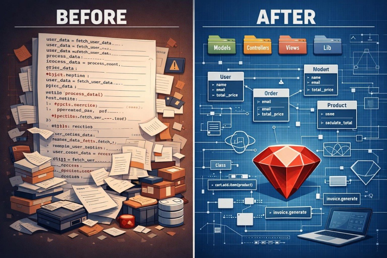 A digital infographic comparing messy Ruby code on the left ('Before') with a clean, organized service layer architecture on the right ('After'). The left side features a dark orange theme with tangled wires, scattered papers, and a red gem, while the right side has a dark blue theme with a clean layered structure of UI, Service Layer, and Data Layer, complete with a blue gem.