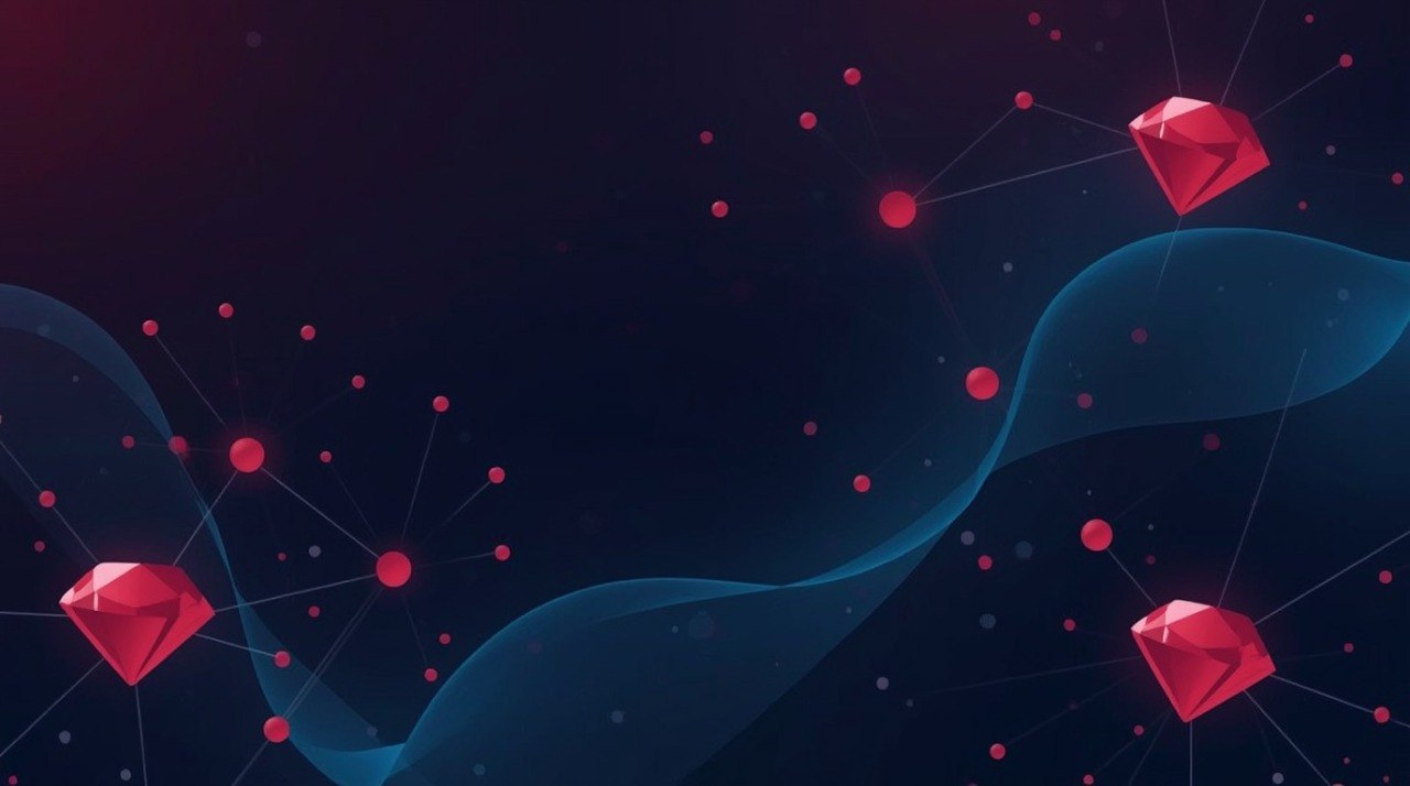 Abstract digital background featuring three red faceted gemstone shapes connected by thin lines over flowing translucent blue wave-like ribbons on a dark navy background.