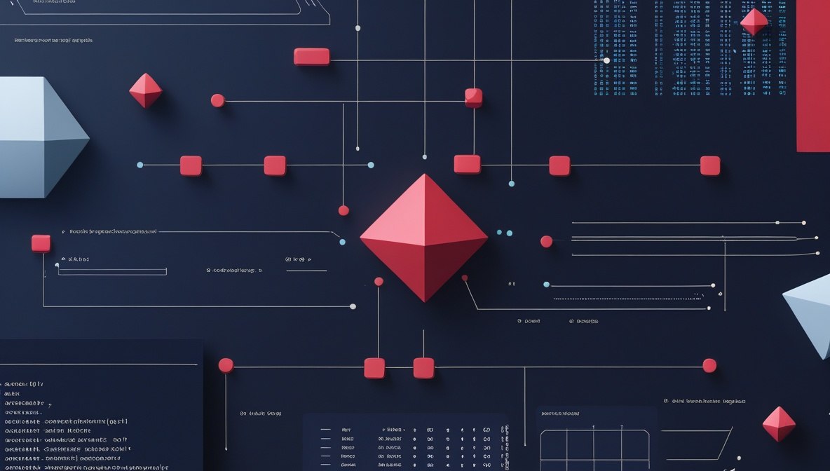 Abstract 3D geometric infographic design with a central red pyramid, scattered red and pink cubes, blue and gray corner shapes, and dark navy background with technical line diagrams and text blocks.