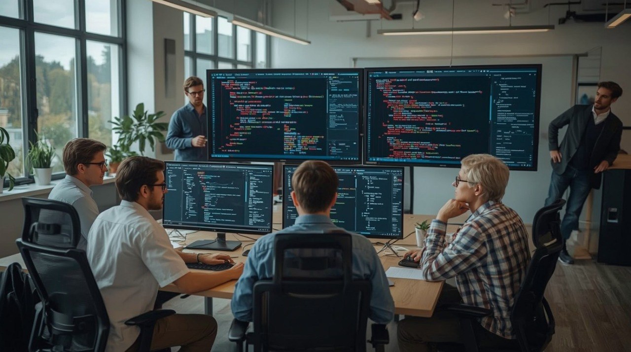 A group of developers gathered in a modern office around multiple computer monitors displaying lines of code, with two men standing near a large screen in the background.