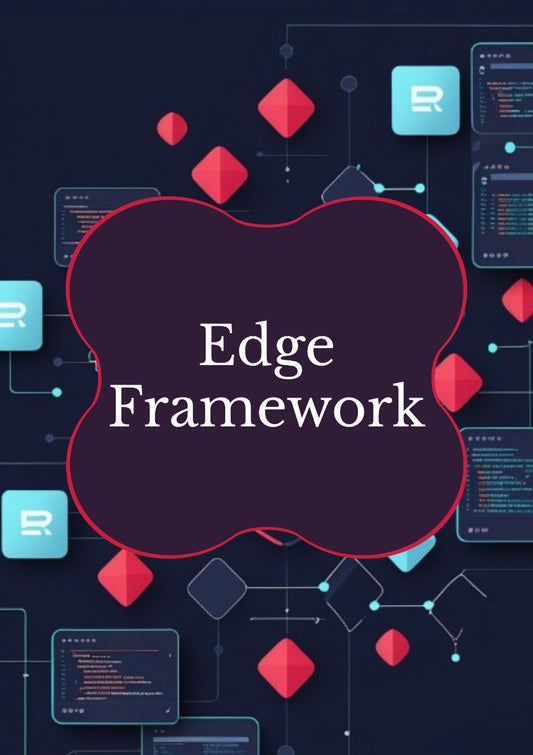 Digital graphic with the words 'Edge Framework' in white serif text inside a dark purple cloud-like shape, surrounded by abstract red geometric shapes, code panels, and light blue 'R' logos on a dark navy background.