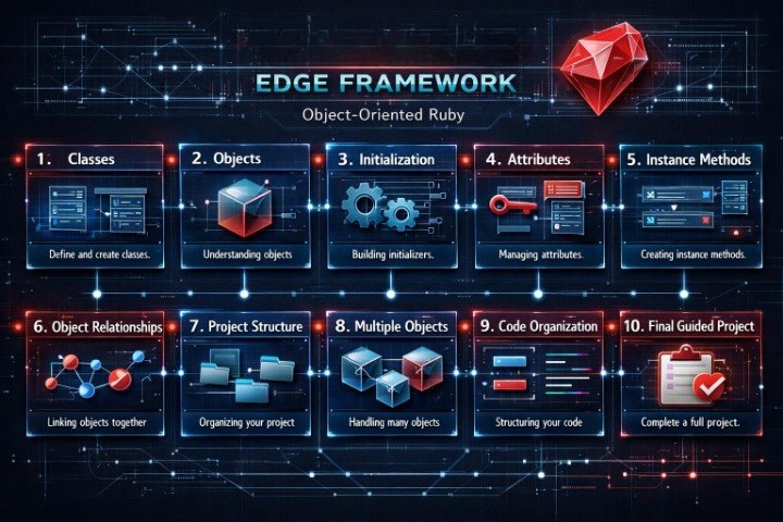 A digital infographic titled 'EDGE FRAMEWORK' for 'Object-Oriented Ruby', displaying a 10-step guide from Classes to Final Guided Project on a dark blue tech-themed background with glowing network lines and a red gem icon.