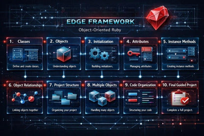 A digital infographic titled 'EDGE FRAMEWORK' for 'Object-Oriented Ruby', displaying a 10-step guide from Classes to Final Guided Project on a dark blue tech-themed background with glowing network lines and a red gem icon.