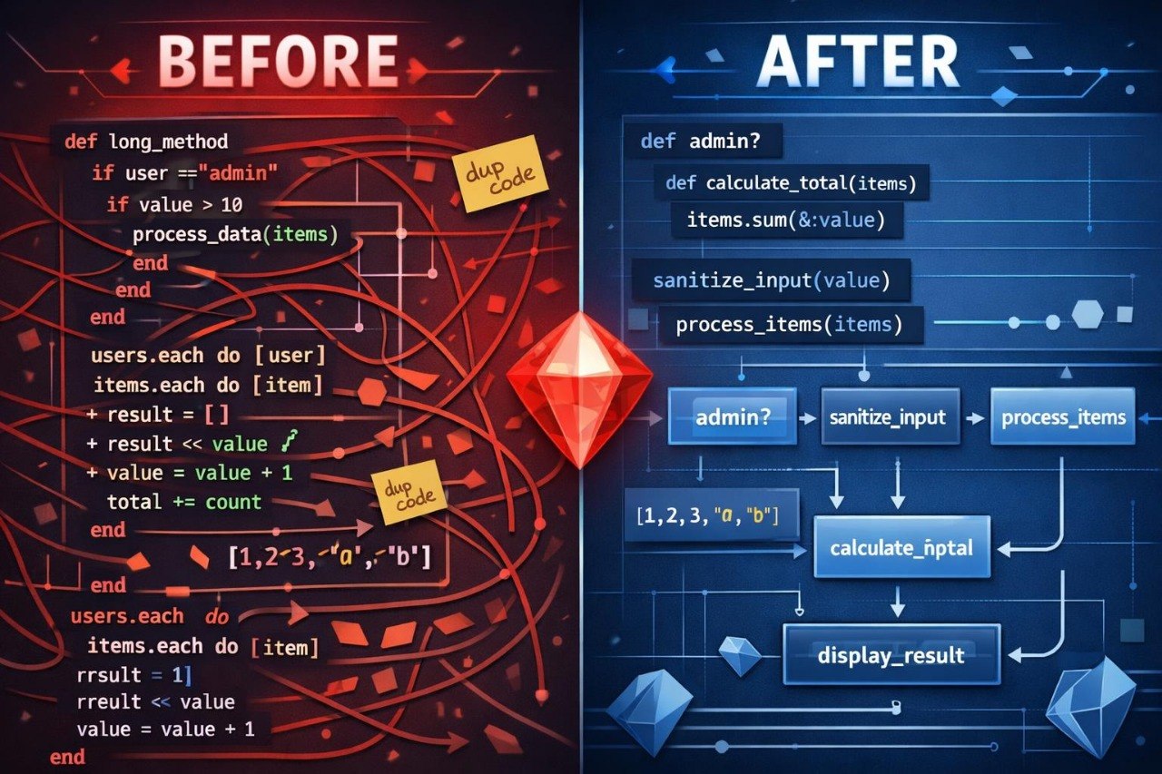 A split-screen digital graphic comparing a messy red 'before' code layout on the left with a clean blue 'after' code layout on the right, separated by a glowing red gem. The left side shows tangled code under the word 'BEFORE' in white, and the right side shows organized code under the word 'AFTER' in white, with small yellow sticky notes reading 'debug code'.