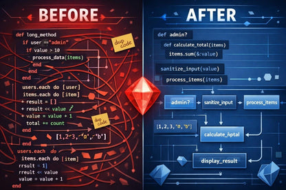 A split-screen digital graphic comparing a messy red 'before' code layout on the left with a clean blue 'after' code layout on the right, separated by a glowing red gem. The left side shows tangled code under the word 'BEFORE' in white, and the right side shows organized code under the word 'AFTER' in white, with small yellow sticky notes reading 'debug code'.