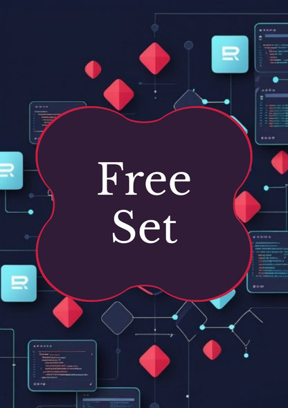 A digital graphic with the words 'Free Set' in white text inside a dark purple cloud-like shape outlined in red, surrounded by abstract red geometric shapes and tech-style panels on a dark navy background.