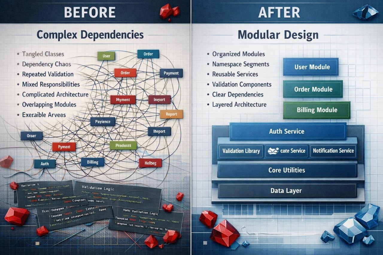 A split-screen digital graphic comparing a messy red 'before' code layout on the left with a clean blue 'after' code layout on the right, separated by a glowing red gem. The left side shows tangled code under the word 'BEFORE' in white, and the right side shows organized code under the word 'AFTER' in white, with small yellow sticky notes reading 'debug code'.