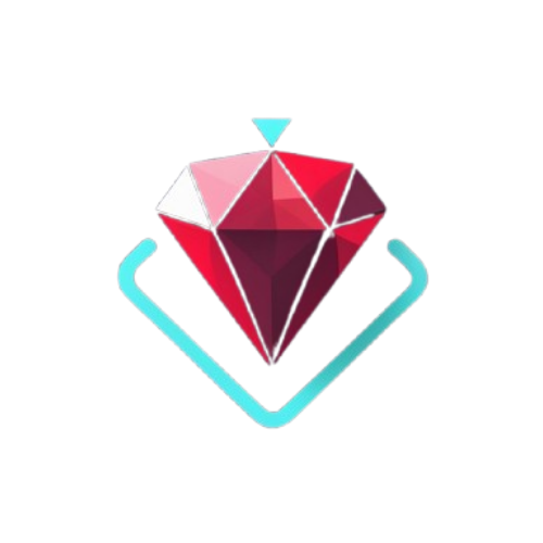 A stylized red gemstone icon centered on a light gray background, with a turquoise outline shape behind it.