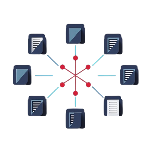A digital vector illustration showing a central hub with red dots and lines connected to eight dark blue document icons arranged in a circle on a white background.