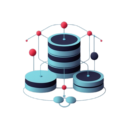 A stylized digital illustration of three stacked database server towers connected by thin lines, with small red and dark blue spheres on a plain white background.