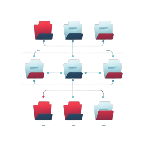 A flat vector-style diagram showing multiple folder and document icons arranged in a hierarchical structure on a white background.