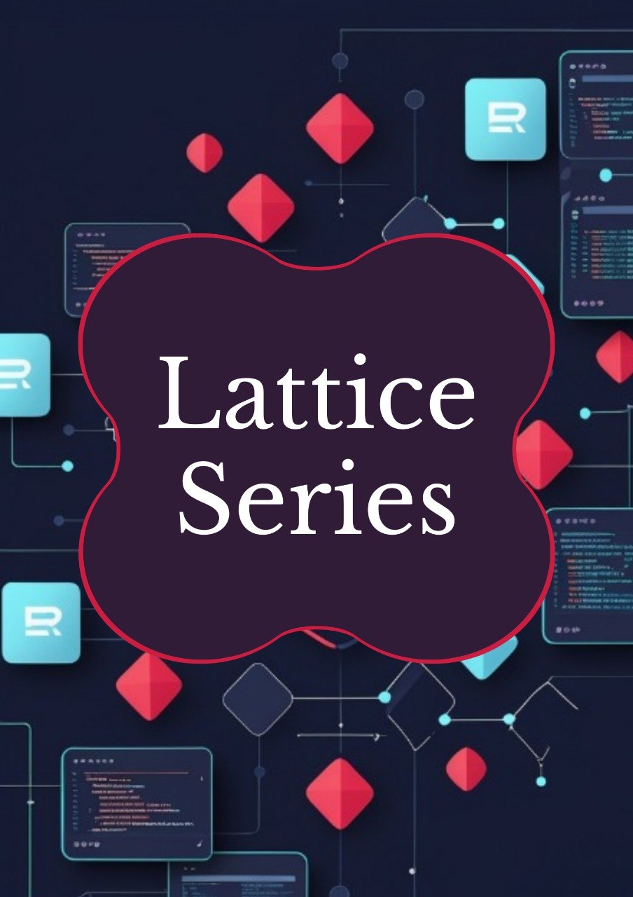 A digital cover graphic for a series titled 'Lattice Series' in white serif text inside a dark purple cloud-like shape with a red outline, set against a dark navy background with floating red geometric shapes and tech-style interface panels.
