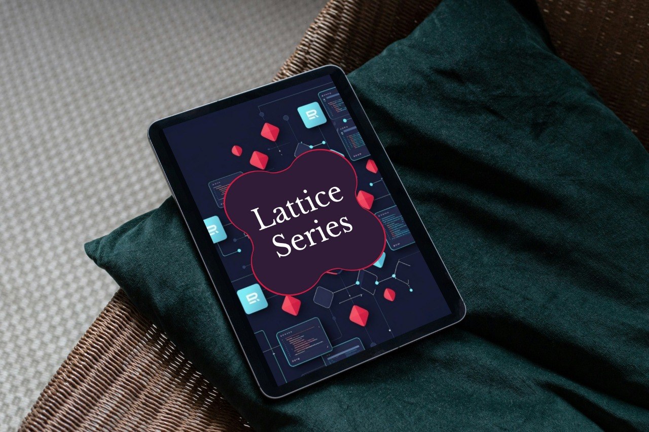 A tablet device lying on a dark green cushion over a woven chair, displaying a digital cover graphic that reads 'Lattice Series' in white text on a dark purple cloud shape with red geometric accents.