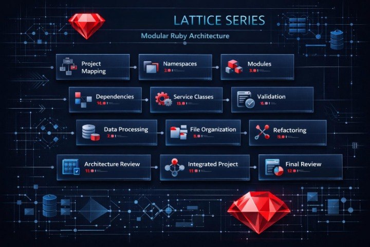 A digital infographic titled 'LATTICE SERIES Modular Ruby Architecture' on a dark blue tech-themed background. It shows a workflow with labeled boxes such as Project Mapping, Namespaces, Modules, Dependencies, Service Classes, Validation, Data Processing, File Organization, Refactoring, Architecture Review, Integrated Project, and Final Review, arranged in a grid with small red and blue icon accents.