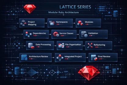 A digital infographic titled 'LATTICE SERIES Modular Ruby Architecture' on a dark blue tech-themed background. It shows a workflow with labeled boxes such as Project Mapping, Namespaces, Modules, Dependencies, Service Classes, Validation, Data Processing, File Organization, Refactoring, Architecture Review, Integrated Project, and Final Review, arranged in a grid with small red and blue icon accents.