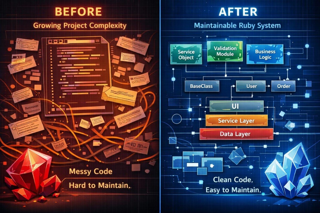 A digital infographic comparing messy Ruby code on the left ('Before') with a clean, organized service layer architecture on the right ('After'). The left side features a dark orange theme with tangled wires, scattered papers, and a red gem, while the right side has a dark blue theme with a clean layered structure of UI, Service Layer, and Data Layer, complete with a blue gem.