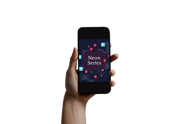 A hand holding a black smartphone against a solid white background. The phone screen displays a digital graphic with the text 'Neon Series' in white on a dark purple background with pink and blue neon accents.