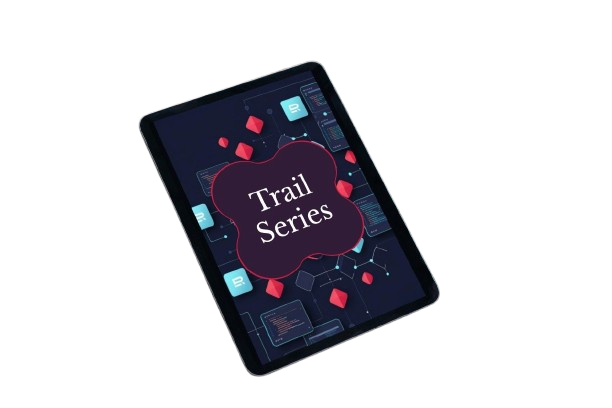 A black tablet device shown at an angle on a plain white background, with a dark app-style screen displaying the words 'Trail Series' inside a purple cloud graphic.