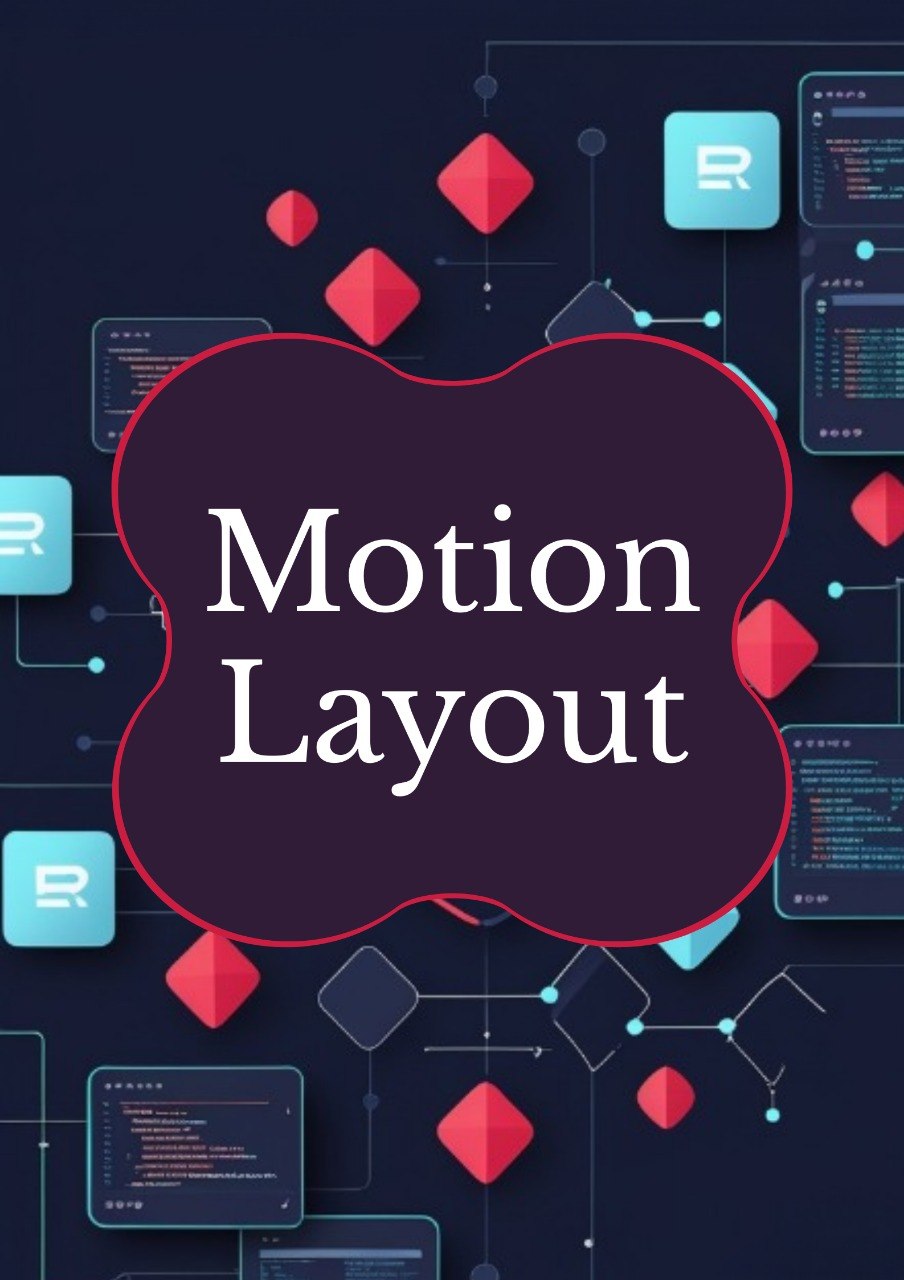 Digital graphic with the words 'Motion Layout' in white serif text inside a dark purple cloud-like shape, surrounded by floating red geometric forms and teal interface panels on a dark navy background.