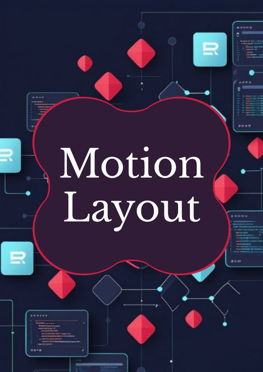 Digital graphic with the words 'Motion Layout' in white serif text inside a dark purple cloud-like shape, surrounded by floating red geometric forms and teal interface panels on a dark navy background.