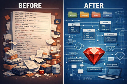 A digital infographic comparing messy Ruby code on the left ('Before') with a clean, organized service layer architecture on the right ('After'). The left side features a dark orange theme with tangled wires, scattered papers, and a red gem, while the right side has a dark blue theme with a clean layered structure of UI, Service Layer, and Data Layer, complete with a blue gem.