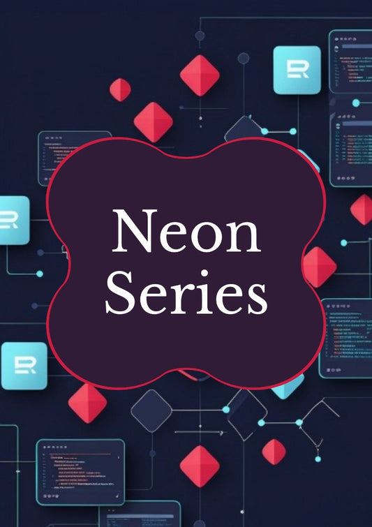 A digital graphic with the words 'Neon Series' in white serif text inside a dark purple cloud-like shape outlined in pink. The background is dark navy with floating red geometric shapes, light blue squares containing stylized 'R' logos, and small code-panel illustrations.