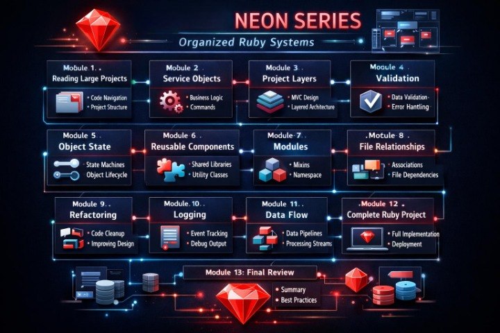 A dark promotional infographic for the 'NEON SERIES' organized Ruby Systems curriculum, showing a 13-module roadmap with glowing neon icons and labels on a black background.