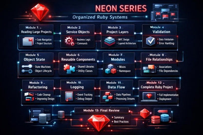 A dark promotional infographic for the 'NEON SERIES' organized Ruby Systems curriculum, showing a 13-module roadmap with glowing neon icons and labels on a black background.