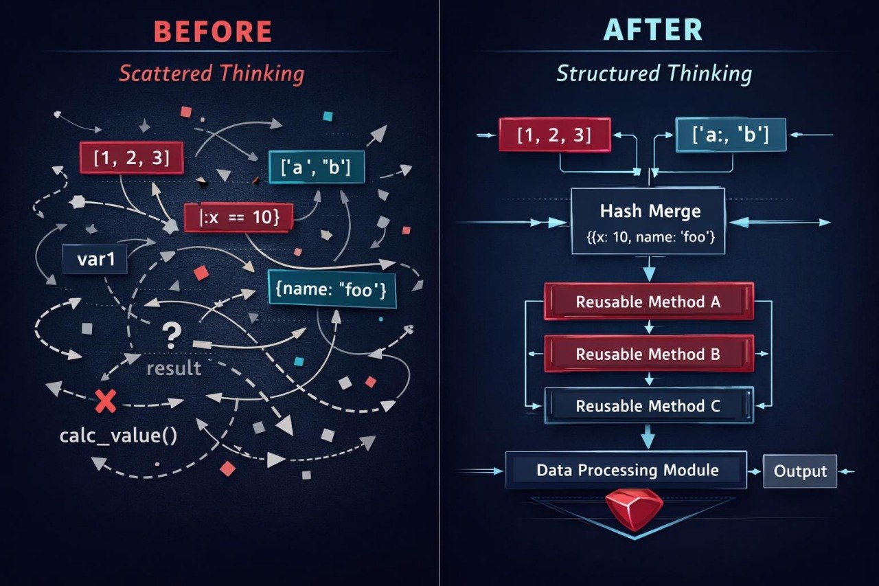 A digital infographic comparing 'Before' and 'After' thinking approaches, labeled 'Scattered Thinking' and 'Structured Thinking'. The left side shows a messy, tangled code-like diagram with red, blue, and white elements on a dark background.
