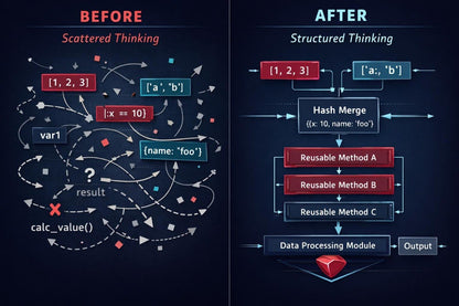 A digital infographic comparing 'Before' and 'After' thinking approaches, labeled 'Scattered Thinking' and 'Structured Thinking'. The left side shows a messy, tangled code-like diagram with red, blue, and white elements on a dark background.