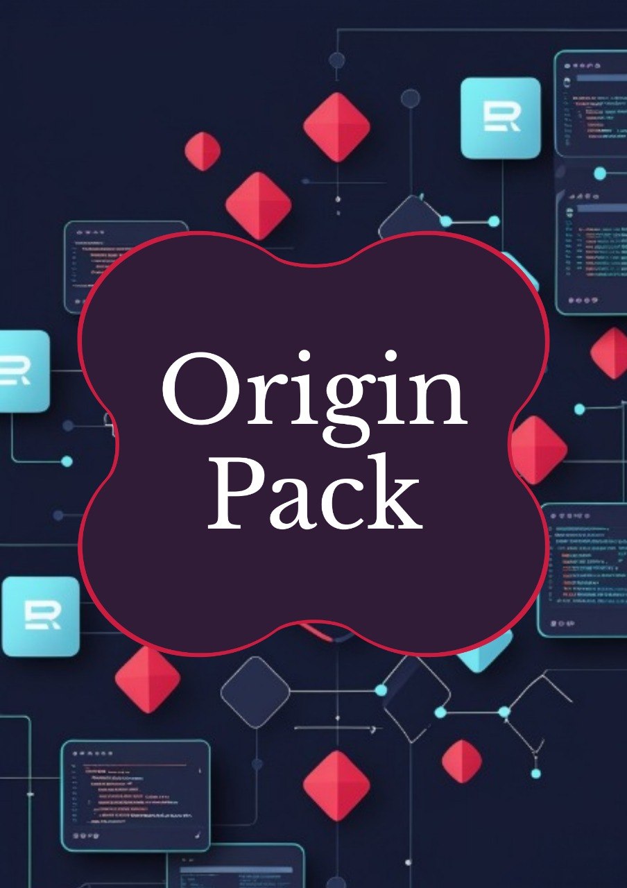 Digital graphic with the words 'Origin Pack' in white serif text inside a dark purple cloud-like shape, surrounded by abstract red geometric forms and floating code-panel illustrations on a dark navy background.