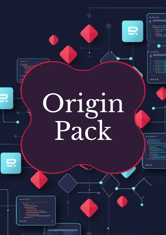 Digital graphic with the words 'Origin Pack' in white serif text inside a dark purple cloud-like shape, surrounded by abstract red geometric forms and floating code-panel illustrations on a dark navy background.