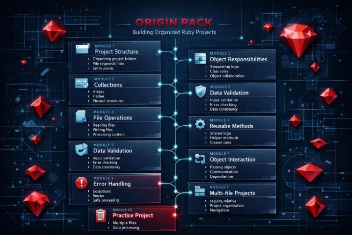 A digital infographic titled 'ORIGIN PACK' showing a dark blue technology-themed layout with red gem graphics and a central module diagram for organizing Ruby projects, including sections like project structure, collections, file operations, data validation, error handling, and reusable methods.