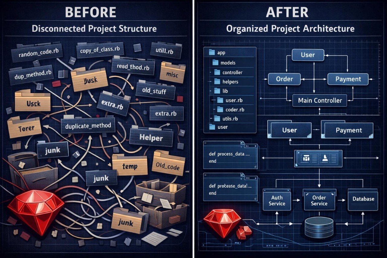 A side-by-side infographic comparing a messy 'Before' project structure with an organized 'After' architecture, using dark blue background panels, labeled boxes, and red gem illustrations.