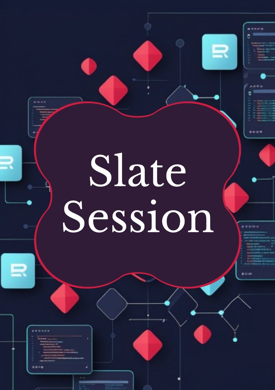 Digital graphic with the words 'Slate Session' in white serif text inside a dark purple cloud-like shape, surrounded by floating red geometric shapes and tech-style interface panels on a dark navy background.