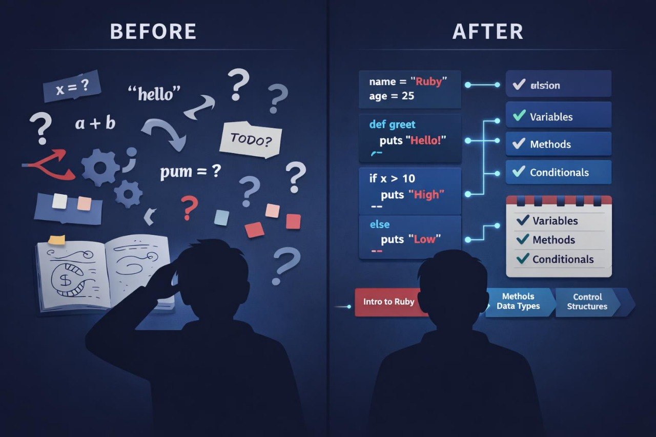 An educational infographic comparing a beginner's view of programming labeled 'BEFORE' with a more structured Ruby programming flow labeled 'AFTER', featuring silhouettes of two people at the bottom.