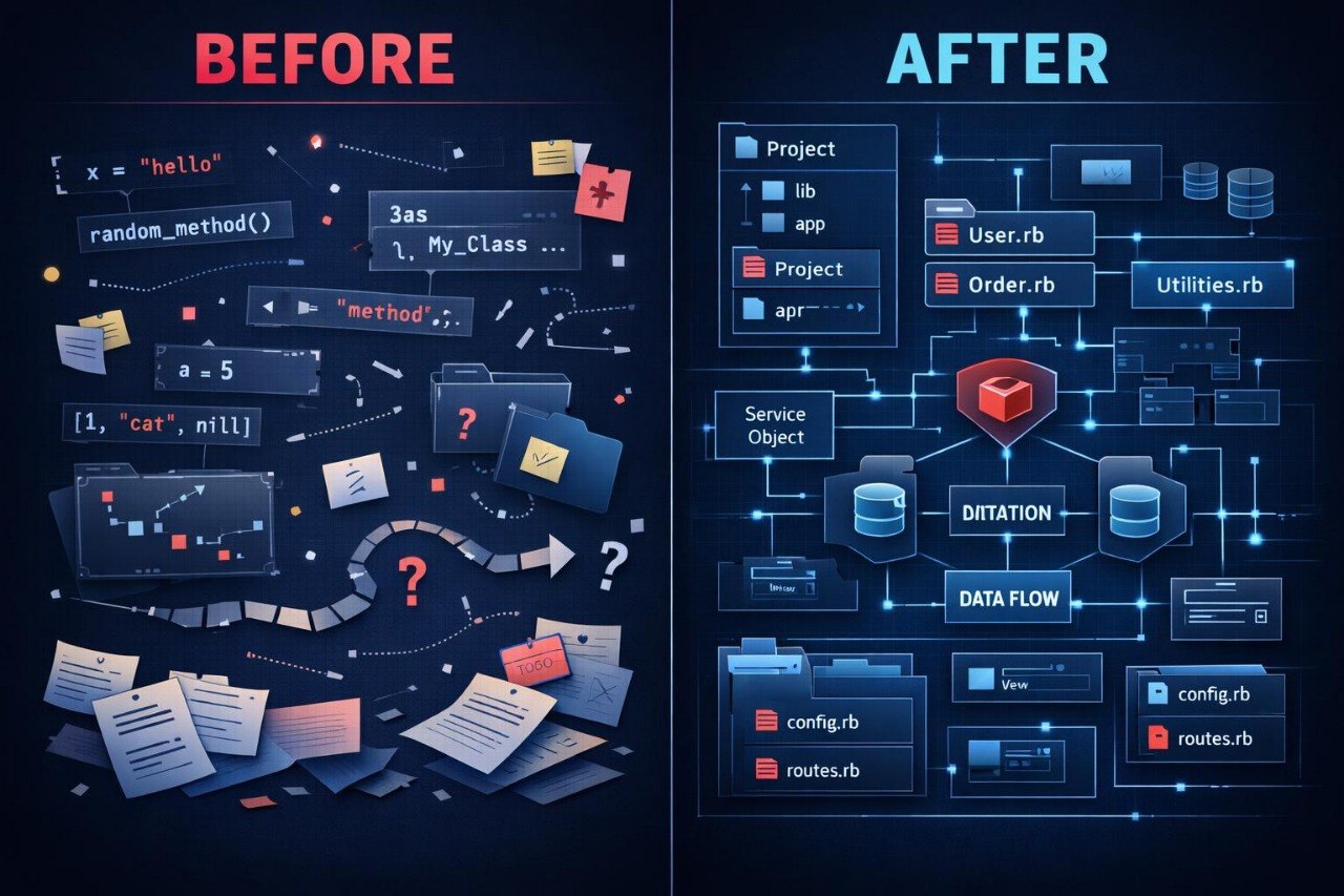 A digital infographic comparing 'Before' and 'After' states, likely illustrating software development workflow or database management. The left 'Before' section features a dark background with floating code snippets, papers, and question marks under a red 'BEFORE' header.