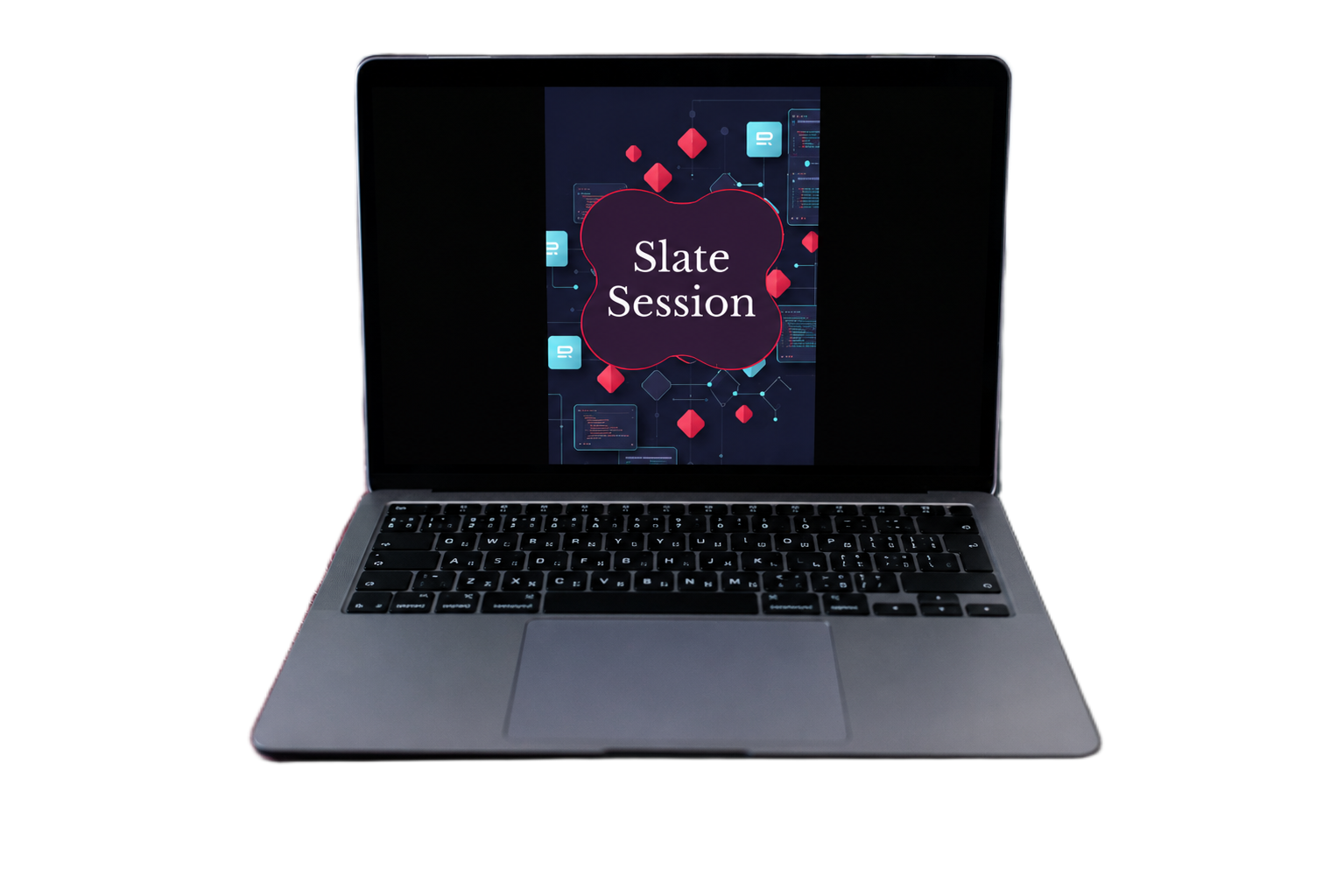 A dark gray laptop shown open against a plain white background, with the screen on and displaying a graphic that reads 'Slate Session'.